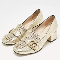Gucci Metallic Gold Foil Leather GG Marmont Fringe Pumps Size 37