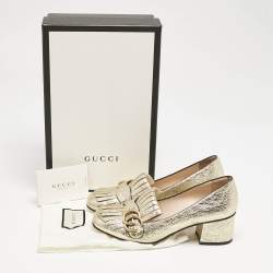 Gucci Metallic Gold Foil Leather GG Marmont Fringe Pumps Size 37