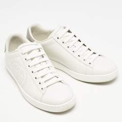 Gucci White/Grey Leather Perforated Interlocking G Ace Sneakers Size 34.5