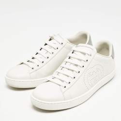 Gucci White/Grey Leather Perforated Interlocking G Ace Sneakers Size 34.5