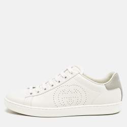 Gucci White/Grey Leather Perforated Interlocking G Ace Sneakers Size 34.5