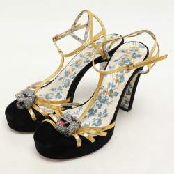 Gucci Gold Leather Tiger Head Embellished Ankle Strap Sandals Size 38