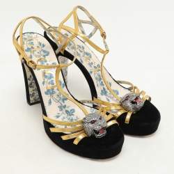 Gucci Gold Leather Tiger Head Embellished Ankle Strap Sandals Size 38