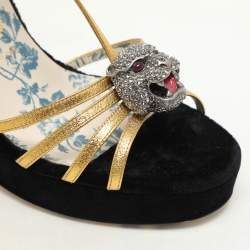 Gucci Gold Leather Tiger Head Embellished Ankle Strap Sandals Size 38