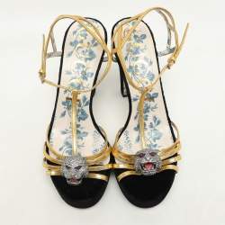 Gucci Gold Leather Tiger Head Embellished Ankle Strap Sandals Size 38