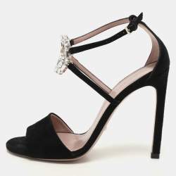 Gucci Black Suede Crystal Embellished GG Interlock Ankle Strap Sandals Size 36