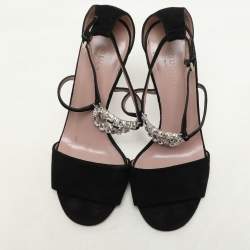 Gucci Black Suede Crystal Embellished GG Interlock Ankle Strap Sandals Size 36