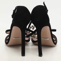Gucci Black Suede Crystal Embellished GG Interlock Ankle Strap Sandals Size 36