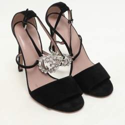 Gucci Black Suede Crystal Embellished GG Interlock Ankle Strap Sandals Size 36