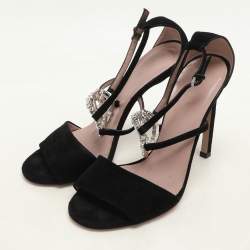 Gucci Black Suede Crystal Embellished GG Interlock Ankle Strap Sandals Size 36