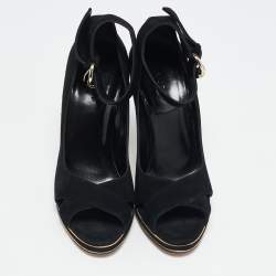 Gucci Black Suede Peep Toe Ankle Strap Pumps Size 36