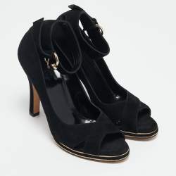 Gucci Black Suede Peep Toe Ankle Strap Pumps Size 36