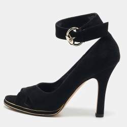 Gucci Black Suede Peep Toe Ankle Strap Pumps Size 36