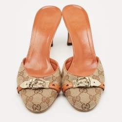Gucci Grey/Brown Canvas and Leather Mules Size 38.5