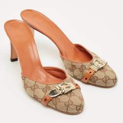 Gucci Grey/Brown Canvas and Leather Mules Size 38.5
