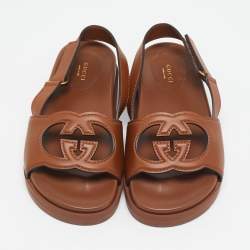 Gucci Brown Leather Interlocking G Flat Sandals Size 39.5