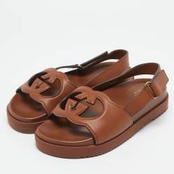 Gucci Brown Leather Interlocking G Flat Sandals Size 39.5