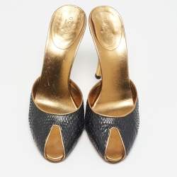 Gucci Black/Gold Snakeskin and Leather Slide Sandals Size 40