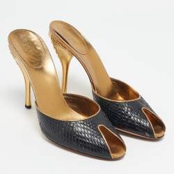 Gucci Black/Gold Snakeskin and Leather Slide Sandals Size 40