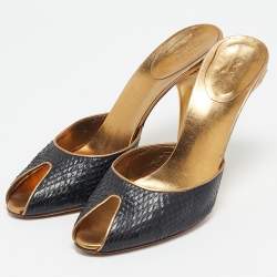 Gucci Black/Gold Snakeskin and Leather Slide Sandals Size 40