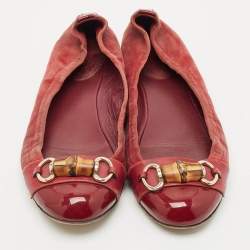 Gucci Red Patent Leather and Suede Horsebit Ballet Flats Size 39
