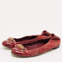 Gucci Red Patent Leather and Suede Horsebit Ballet Flats Size 39
