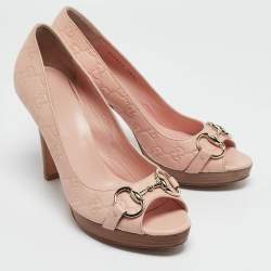 Gucci Pink Guccissima Leather Horsebit Peep Toe Pumps Size 38.5