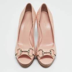 Gucci Pink Guccissima Leather Horsebit Peep Toe Pumps Size 38.5