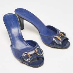 Pre Owned Gucci Blue Suede and Patent  Hollywood Slide Sandals Size 39.5