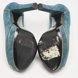 Gucci Blue\Gold Leather and Suede Peep Toe Pumps Size 39