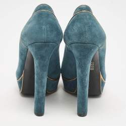 Gucci Blue\Gold Leather and Suede Peep Toe Pumps Size 39