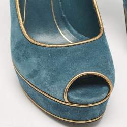Gucci Blue\Gold Leather and Suede Peep Toe Pumps Size 39