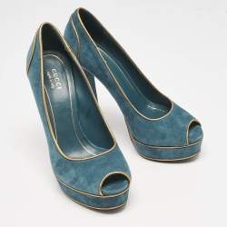 Gucci Blue\Gold Leather and Suede Peep Toe Pumps Size 39