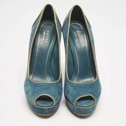 Gucci Blue\Gold Leather and Suede Peep Toe Pumps Size 39