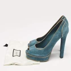 Gucci Blue\Gold Leather and Suede Peep Toe Pumps Size 39