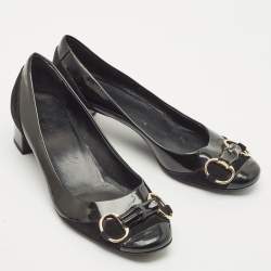 Gucci Black Patent Leather Horsebit Block Heel Pumps Size 38
