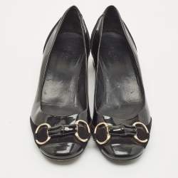Gucci Black Patent Leather Horsebit Block Heel Pumps Size 38