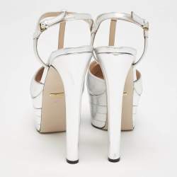 Gucci Silver Leather T-Strap Platform Ankle Strap Pumps Size 40