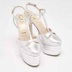 Gucci Silver Leather T-Strap Platform Ankle Strap Pumps Size 40