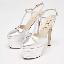 Gucci Silver Leather T-Strap Platform Ankle Strap Pumps Size 40