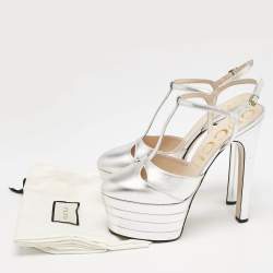 Gucci Silver Leather T-Strap Platform Ankle Strap Pumps Size 40