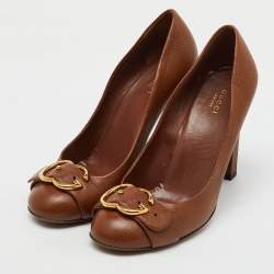 Gucci Brown Leather 'Ride' GG Buckle Pumps Size 39.5