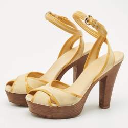 Gucci Yellow Suede and Patent Leather Trim Criss Cross Platform Ankle Strap Sandals 39.5