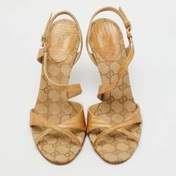 Gucci Brown Lizard Cross Ankle Strap Sandals Size 39.5