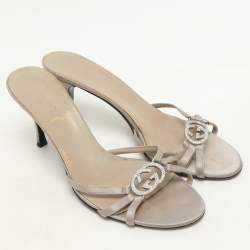 Gucci Grey Satin Embellished GG Slide Sandals Size 38
