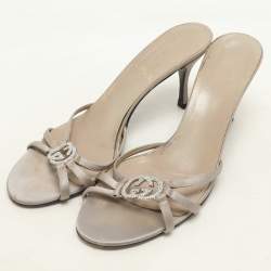 Gucci Grey Satin Embellished GG Slide Sandals Size 38