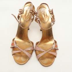 Gucci Gold/Pink Brocade Fabric and Leather Bee Embellished Ankle Strap Sandals Size 37.5