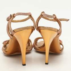 Gucci Gold/Pink Brocade Fabric and Leather Bee Embellished Ankle Strap Sandals Size 37.5