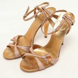 Gucci Gold/Pink Brocade Fabric and Leather Bee Embellished Ankle Strap Sandals Size 37.5