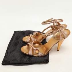 Gucci Gold/Pink Brocade Fabric and Leather Bee Embellished Ankle Strap Sandals Size 37.5